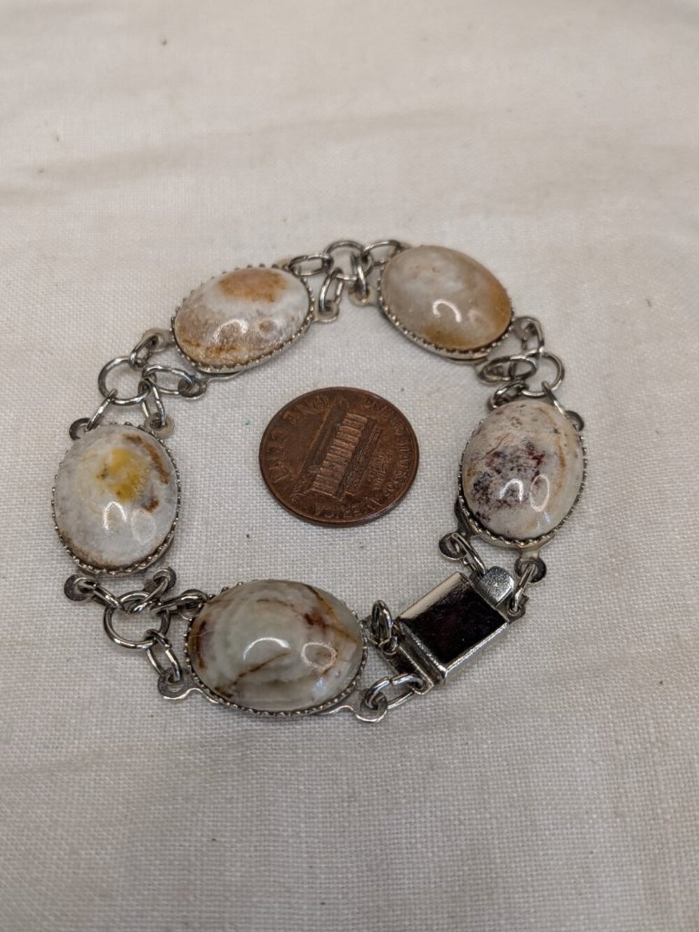 Vintage Natural Agate Bracelet 7" Silver Tone